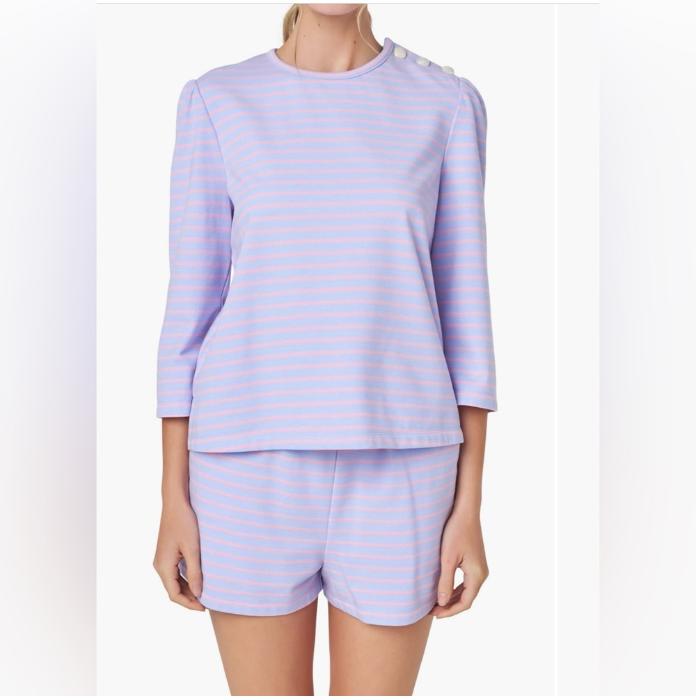 NWT English Factory Puff Sleeve Breton Stripe Cotton Top in Lavender Pink Size L
